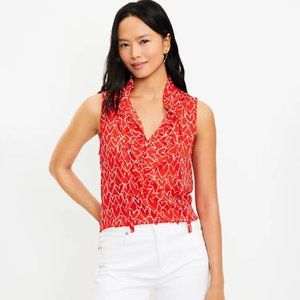 LOFT Heart Ruffle Tie Neck Mixed Media Shell, Size XL, NWT